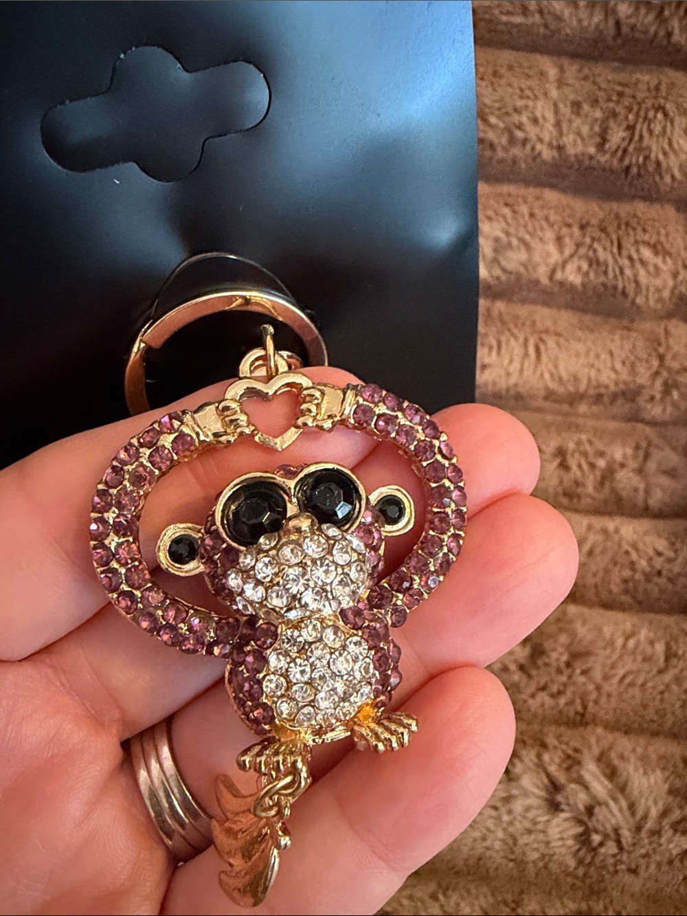 Gold-Tone Pink Crystal Monkey Keychain Charm - Picture 4 of 4